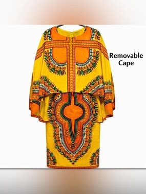 African Dashiki Dress Set Yellow Orange Tribal Print Cape 2 Pc Boho M